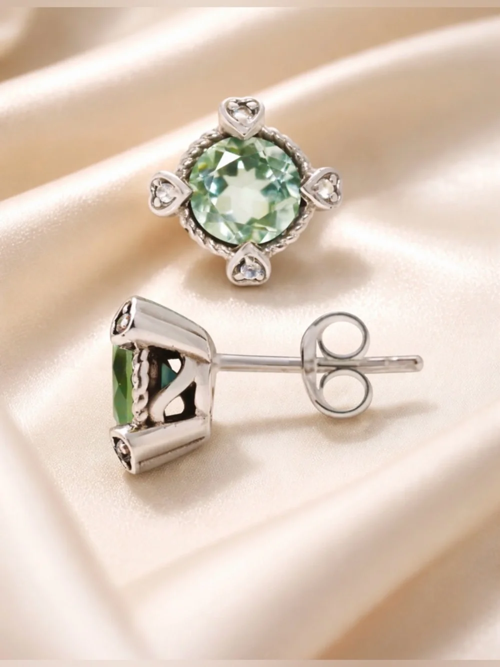 14K Prasiolite Diamond Hearts Cable Cushion Earrings